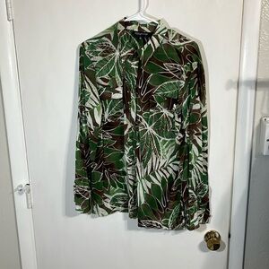 Jones, New York vintage safari neutral, tropical plant leaf button-down,